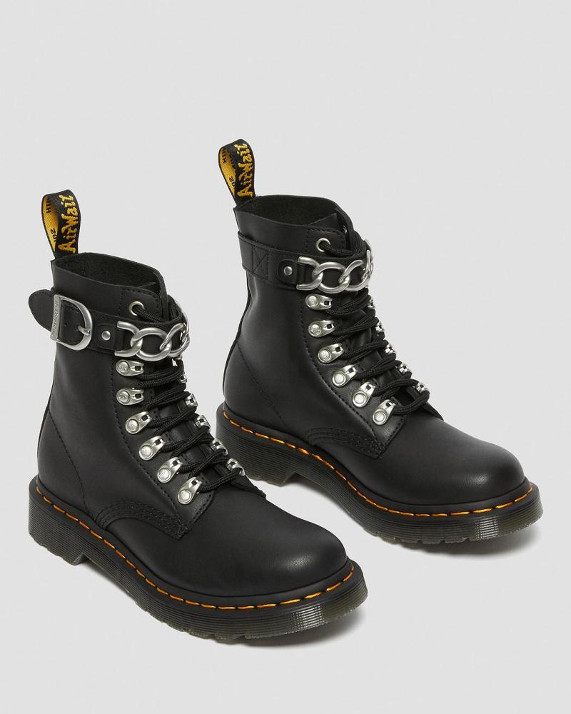 Black Women's Dr Martens 1460 Pascal Chain Leather Lace Up Boots | CA 181FDN